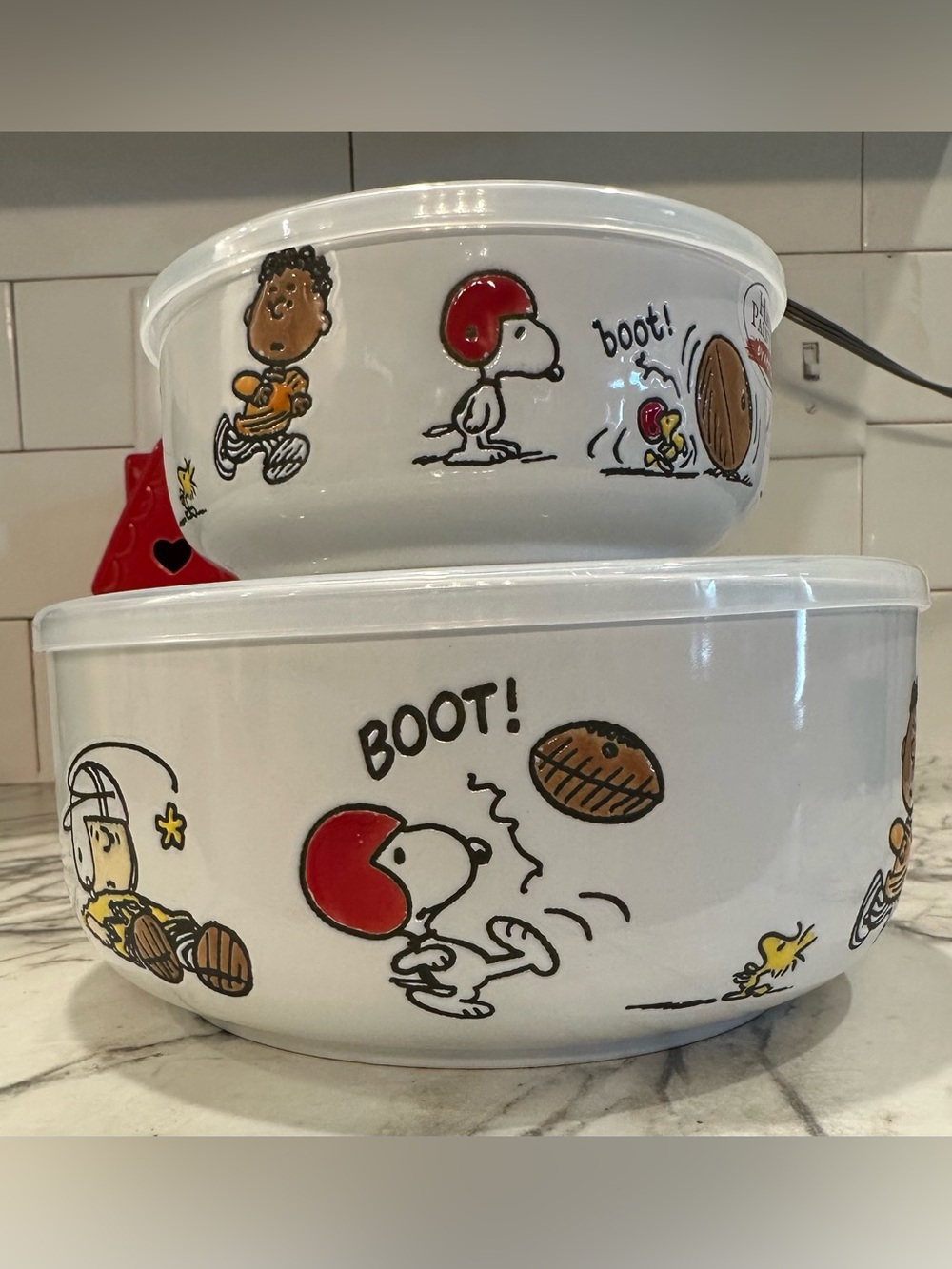 Peanuts Snoopy Football Ceramic Serving Bowl - White with Red Accents with lids.
